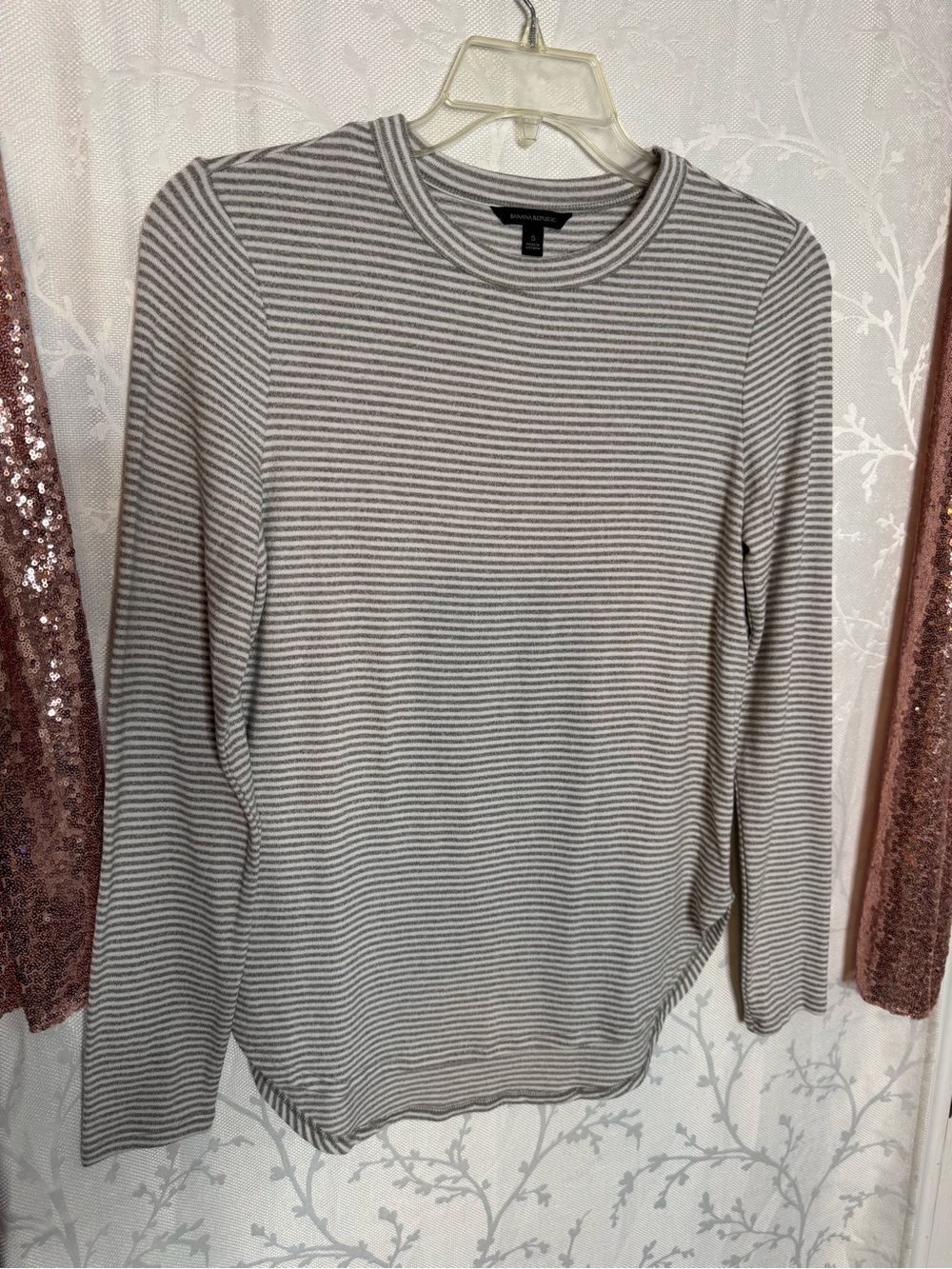 Banana Republic Woman’s Gray and White Striped Crewneck Sweater